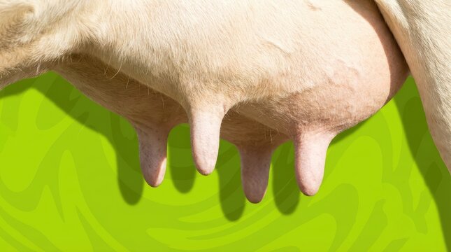 A cow's full udder with four teats and light colored fur The image features a vibrant green patterned background