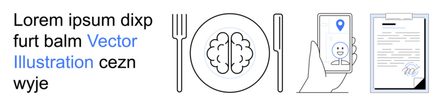 Brain health, digital health, nutrition, modern technology, documentation, user interface. a brain on a plate, smartphone with user location and document. Brain health and digital health concepts