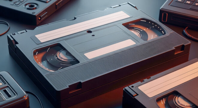 Retro VHS video cassette tapes and vintage media equipment