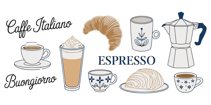 Italian Coffee and Croissant Illustrations with Caffe Italiano Text espresso buongiorno