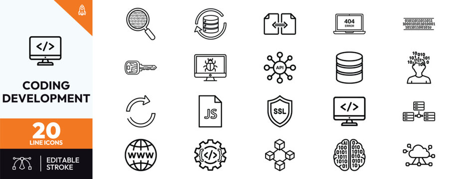 Comprehensive coding and web development icon set featuring 20 minimalist line symbols for software engineering, cloud computing, database management, cybersecurity, and artificial intelligence