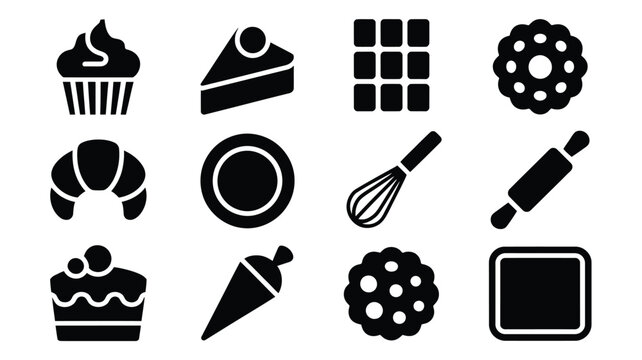 Collection of twelve clean black vector icons representing baking and dessert items including cupcakes cake slices chocolate bars cookies croissants rolling pins whisks and piping