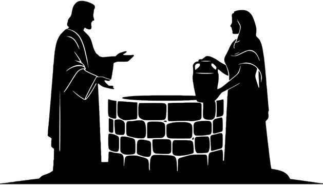 Biblical silhouette of Jesus talking to a woman at a well