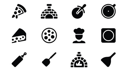 Collection of vector icons representing pizza making and italian cuisine elements including slices cheese toppings ovens and utensils perfect for food service branding and digital