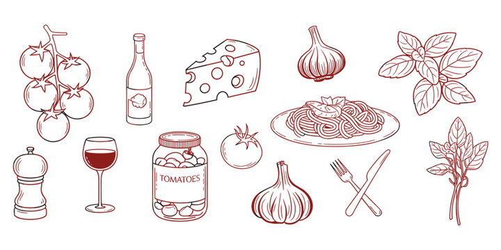 Italian Food Ingredients And Dish With Spaghetti Wine And Cheese With Tomatoes Keywords: italian, food, ingredients, spaghetti