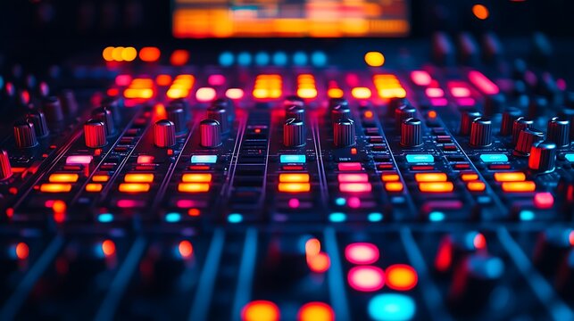 Close-up of a vibrant, illuminated sound mixer with glowing faders and buttons in a dark studio.