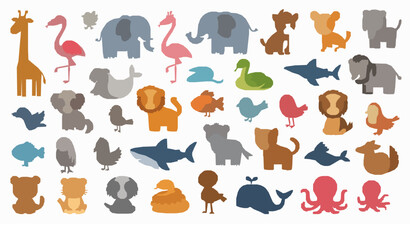 Playful animal collection cute wild and marine creatures flamingo giraffe elephant shark whale vector isolated on white © Sifat