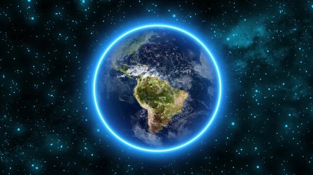 Planet Earth glowing with bright blue aura in starry cosmic animated background. Glowing Earth animation for space and cosmic themes. Earth graphic for futuristic and celestial digital presentations.