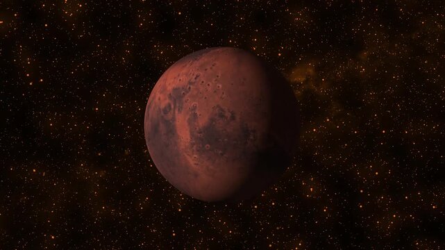 The red planet Mars with its cratered surface in dark star-filled galaxy. Mars animation for space exploration and astronomy themes. Red planet graphic for cosmic and futuristic digital interfaces.