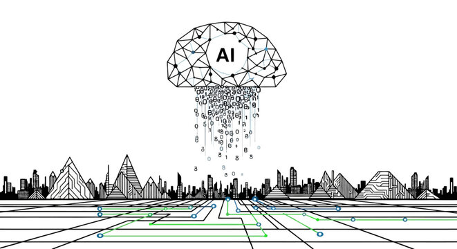 Conceptualization of Artificial Intelligence Shaping Futuristic Digital Landscapes and Urban Development With Data Streams Flowing Downwards From A Neural Network Representation Signifying