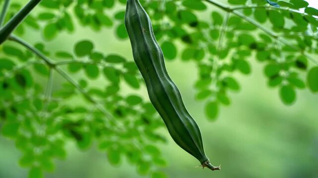 Moringa pod hanging from a branch with green leaves in soft focus background, natural growth and healthy food concept