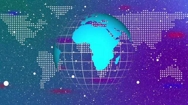 3D globe of Earth with digital world map overlay in colorful cosmic nebula. Earth globe animation for global technology and connectivity themes.