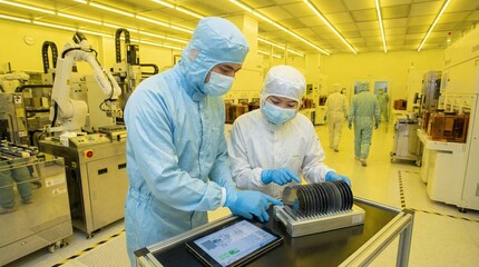 Naklejka premium Two engineers in full cleanroom suits examining silicon wafers inside semiconductor fabrication facility, yellow-lit environment with robotic machinery symbolizing precision, technology, and microchip