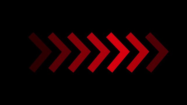 Red arrows progressing across dark background with fading effect. Red arrows animation for direction and forward movement themes. Progressing arrows graphic for modern business and technology.