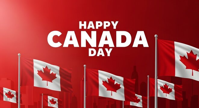 Happy canada day celebration with flags and festive red background