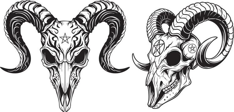 Ram Skull Vector Set with Horns, Gothic Animal Skull Tattoo Style Illustration Satan Tattoo