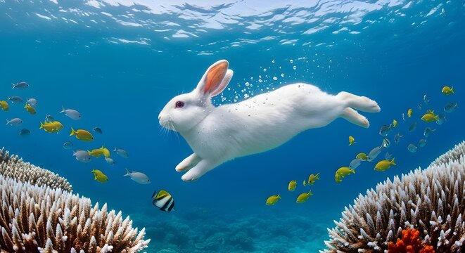 A surreal scene of a white rabbit swimming underwater among tropical fish and coral reefs
