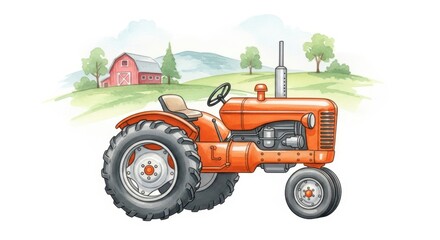 Obraz premium Vintage orange agricultural machine sits before a gently rolling green field and countryside structures.