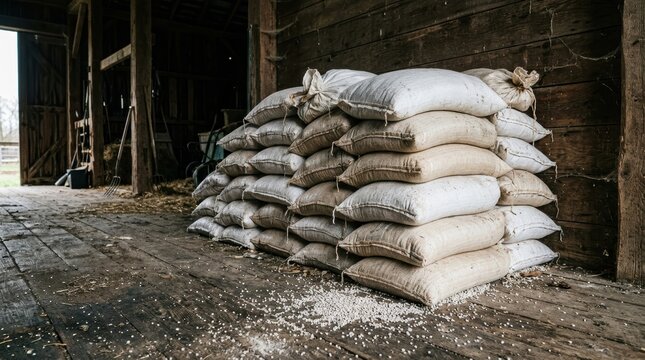 Stacked rustic sacks both white and jute line a weathered wooden barn wall White pellets scatter across the dusty floor