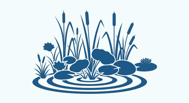 Blue cattail and lily pad illustration.
