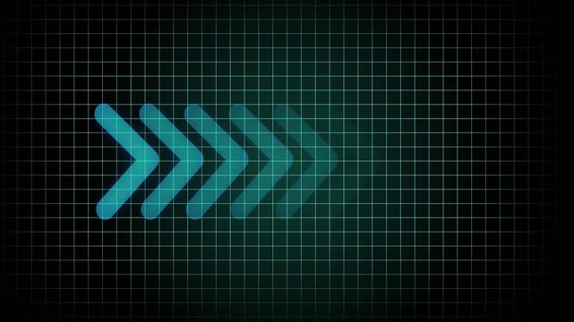 Cyan chevron arrow array moving right with fading effect on grid. Cyan chevron animation for direction and forward movement themes. Fading arrows graphic for modern UI and digital interfaces.