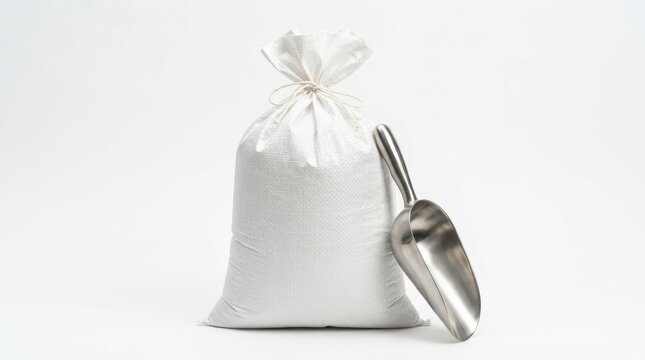White woven sack tied at the top with string stands on a clean white background A silver metal scoop rests beside it