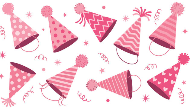 A festive illustration of pink party hats and decorations on white background