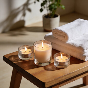 Burning candles and clean towels