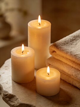 Tea light candles illuminating soft cotton towels