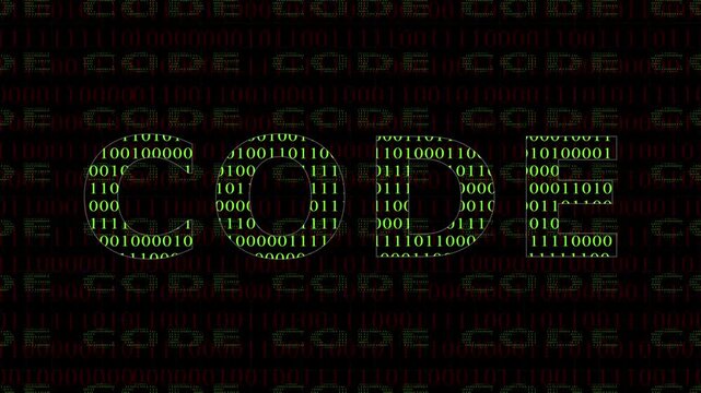 Digital binary code visualization with large glowing letters spelling code. Binary code animation for programming and computer science themes. Glowing code graphic for digital interfaces.