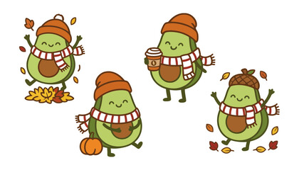 Naklejka premium Avocado cartoon characters in autumnal attire playing in leaves