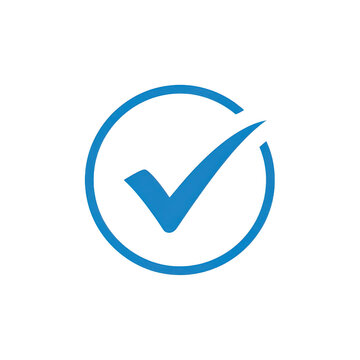 A bold blue check mark symbol enclosed within a circular border representing success or approval