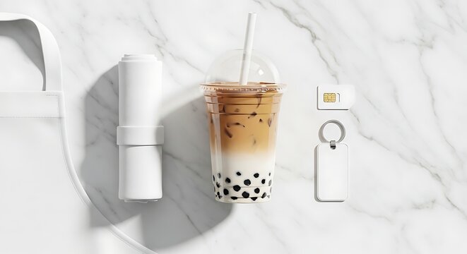 Refreshing Iced Boba Tea with Accessories on a Marble Surface.