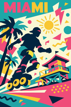 Retro Miami travel poster in Memphis pop art style. Silhouette of rollerblader with palm trees and geometric lifeguard tower on a sunny beach.