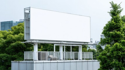 Obraz premium Blank Billboard Mockup on Building Rooftop Surrounded by Trees in an Urban Environment for Advertising