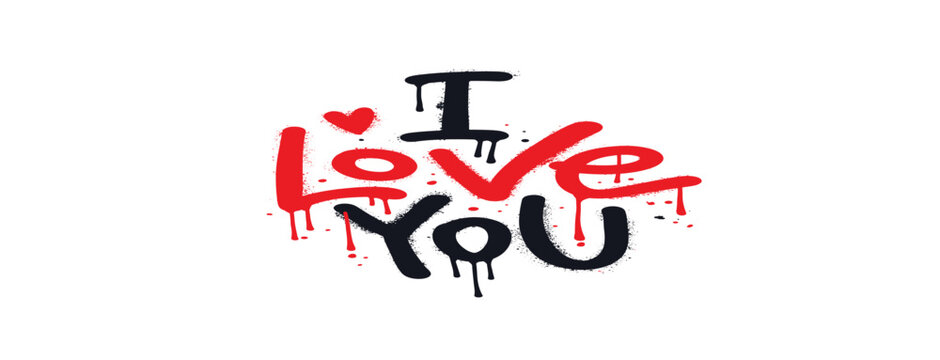 Sprayed word love in urban graffiti style with overspray in black red over on white. Vector textured typography, vector illustration .