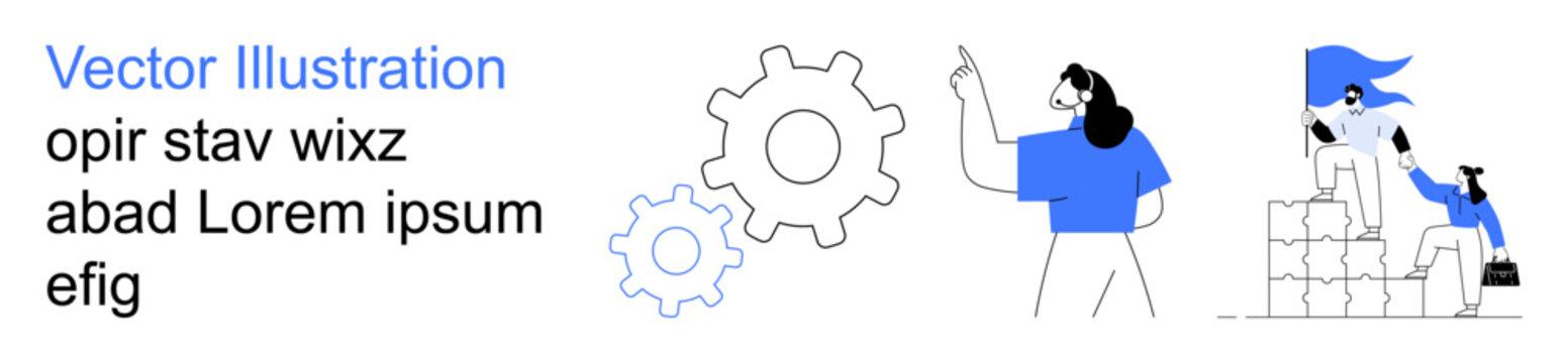 Business development, collaboration, idea generation, teamwork, leadership, strategy. A person pointing at gear and a team stacking blocks. Collaboration and teamwork concept