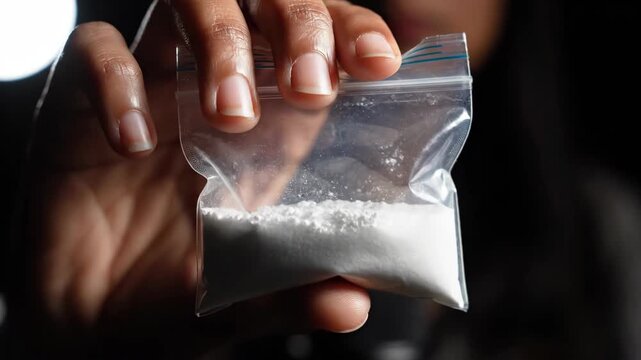 Close-up of a person holding a small plastic bag filled with white powder, likely illicit drugs, in a dimly lit environment