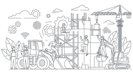 Naklejka premium Construction work on building site line illustration workers and machinery.
