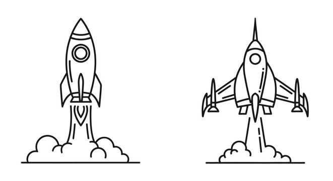 Line art illustration of a rocket and a fighter jet taking off
