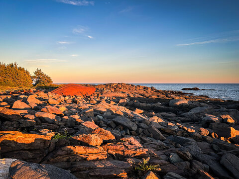 Warm Sunset Light on Granite Rocks Along Monhegan Island Coastline