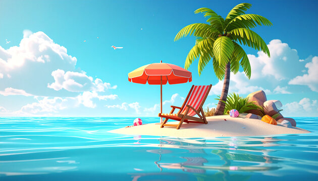Sunny tropical island getaway with palm tree and beach chair