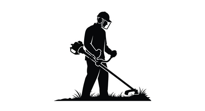 A groundskeeper operates a weed whacker in a striking silhouette