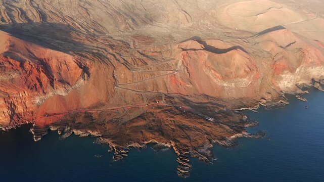 Aerial Panoramic View Red Volcanic Cliffs Tacoron Mar de las Calmas El Hierro Coastal Expedition Southern Canary Islands