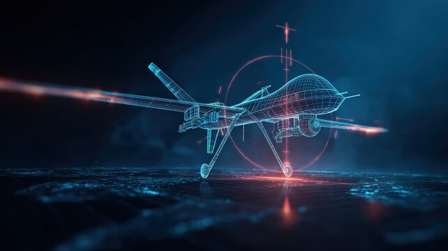 Futuristic Digital Drone, showcasing advanced technology and modern aviation, bathed in an ethereal, blue-lit, high-tech environment. ..Created with Generative AI, not depicting real subjects.