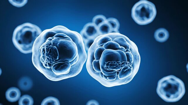 Microscopic view of biological cells, representing cellular structures and the process of cell division in a scientific context