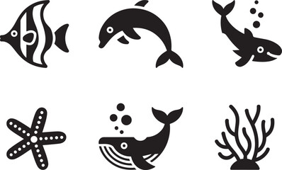 Obraz premium Black silhouettes of various sea animals and plants