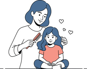 Loving mother gently brushes her happy young daughter's long hair with a comb, illustrating a heartwarming scene of maternal care, love, and a joyful family bonding moment.
