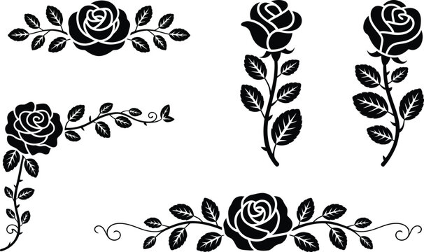 Elegant black rose floral decorative borders and corners, white background ornamental vintage style vector elements for classic frame and design composition.