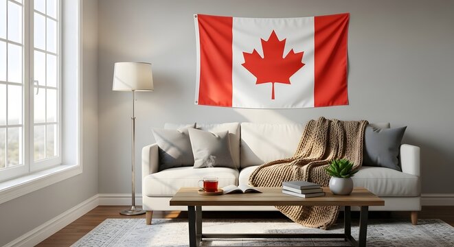 A Canadian flag hangs on a wall above a cozy living room sofa on Canada Day morning.